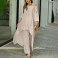 thumbnail image 2 of Elegant Linen Blend Women's Trousers Suit Irregular Hem Long Sleeve Top with Wide Leg Pants Plus Size Wear Comfortable Stylish Outfit, 2 of 2