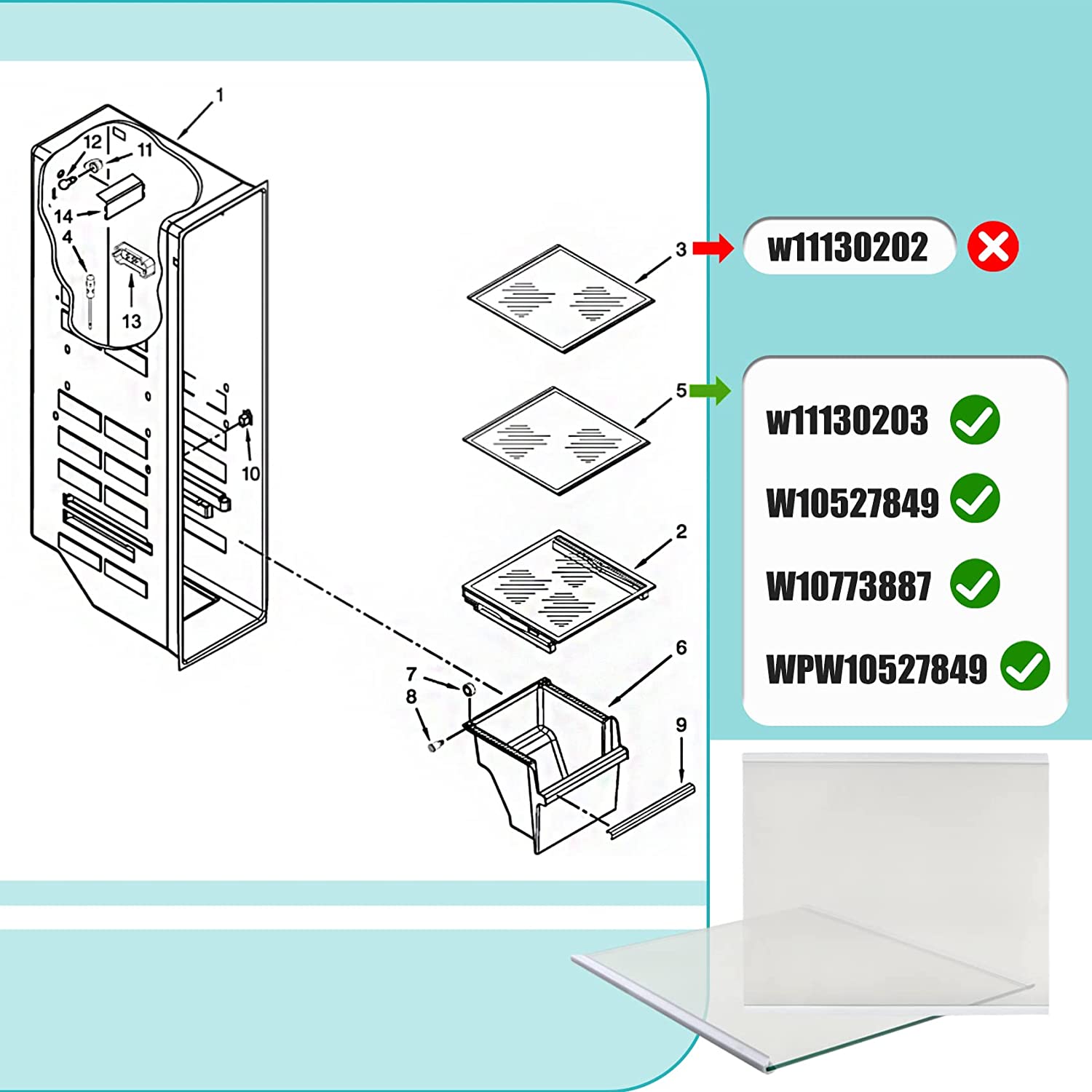 Upgraded W11130203 Freezer Shelf, 11.7" X 10" Compatible with Refrigerator WRS571CIHZ WRS571CIHZ04 WRS571CIHZ01 Freezer Shelf, Replacement W10773887 PS12347522 4545866
