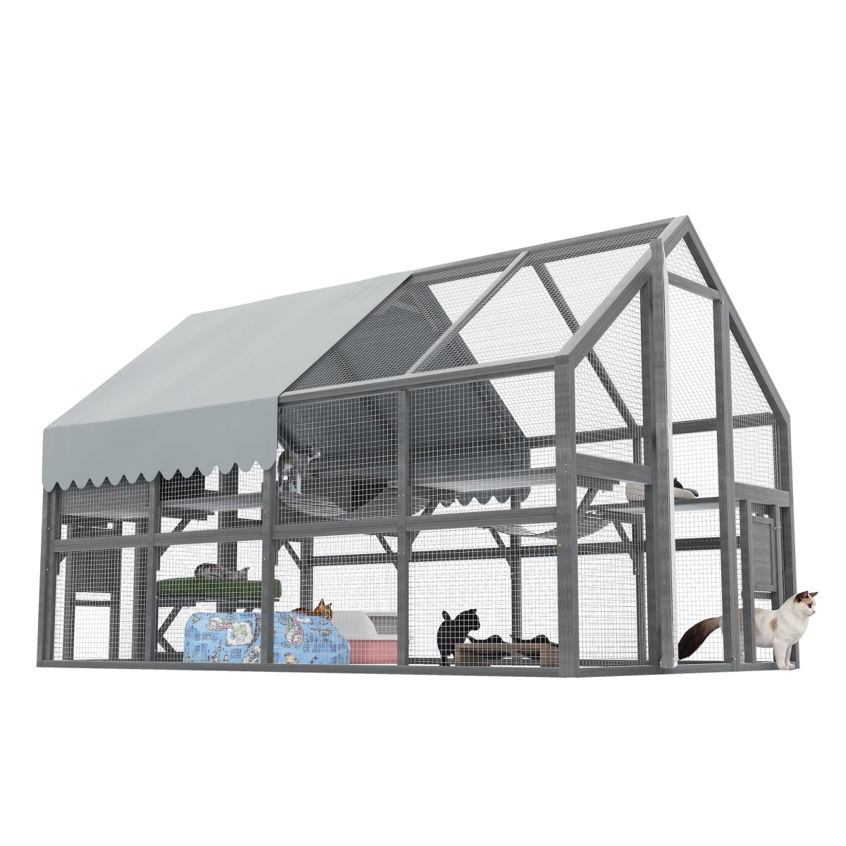 LuckyNote Extra Large Outdoor Cat Enclosure for Multiple Cats, 7 Platforms & 2 Resting Boxes & 2 Bridges, Wooden+Metal, Gray
