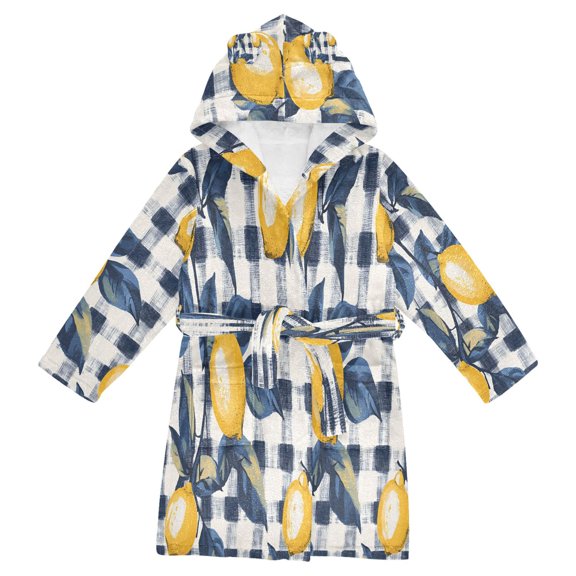 FORMRS Niños Bathrobe Unisex Hooded Robe Soft Plush Pajamas Sleepwear, Size 2-3T, Beige Plaid Lemon