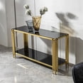 thumbnail image 2 of Modern Tempered Glass Console Table with Mirror Gold Stainless Steel Base - 2-Tier Living Room Sofa Side Table & Decorative Art Piece, 2 of 7