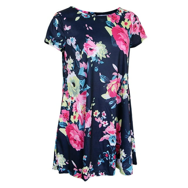 Pierna Flojo De La Impresión Floral De La Cuello Casual De Las Mujeres Del Verano Azul marino XXL