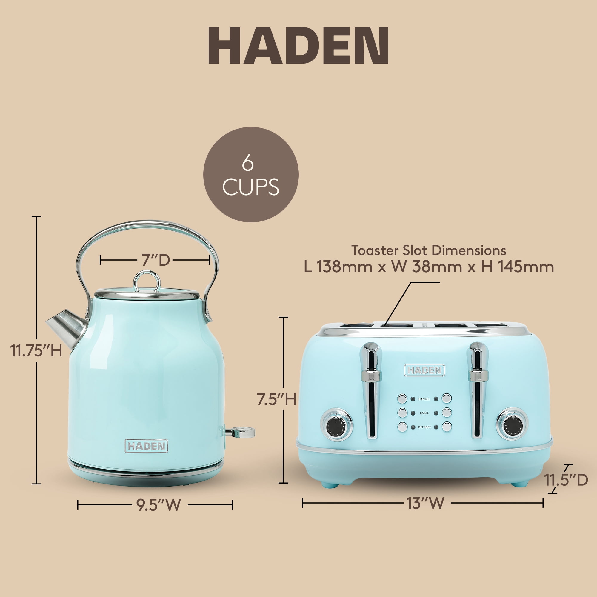 Haden Heritage 4 Slice Wide Toaster & Electric Kettle, Turquoise & Chrome