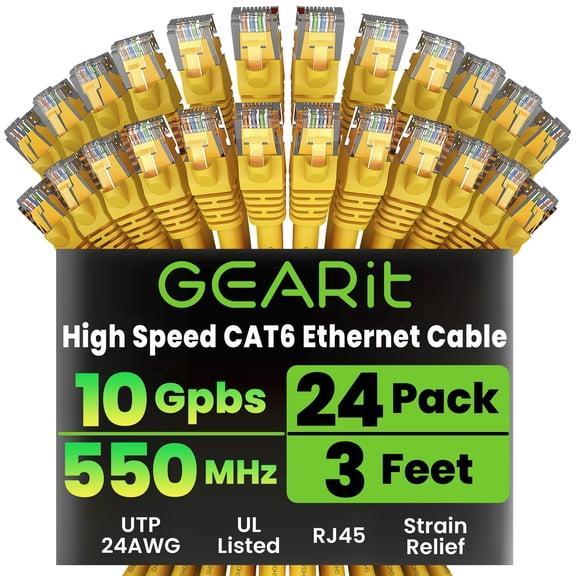GearIT Cat 6 Ethernet Cable (24-Pack 3 Feet) Cat6 Network Patch, 10Gbps, RJ45, Snagless Cord, Gold-Plated Connectors, Internet for PC, TV, Tablet, Router, Printer, Servers, IT Data Center - Yellow