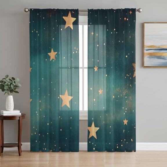Teal Yellow Star Sheer Curtains 72 Inch Length 2 Panels Set, Elegant Sky Star Art Voile Window Treatment Rod Pocket Curtains Sheers Drapes for Bedroom/Living Room/Kitchen 52"x72"x2
