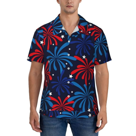 KLL Men's Hawaiian Shirt Short Sleeve Button Down Beach Shirts-Red White Blue Fireworks