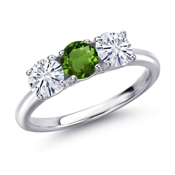Gem Stone King 925 Sterling Silver Green Chrome Diopside and White Moissanite Engagement Ring for Women | 1.50 Cttw | Round 5MM | Gemstone Birthstone | Size 9