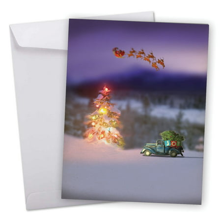 J6689CXSG Big Merry Christmas Greeting Card: 'Toy Trucks 'N Trees' Featuring a Christmas Scene with Mini Vintage Cars and Santa's Sleigh Greeting Card with Envelope by The Best Card