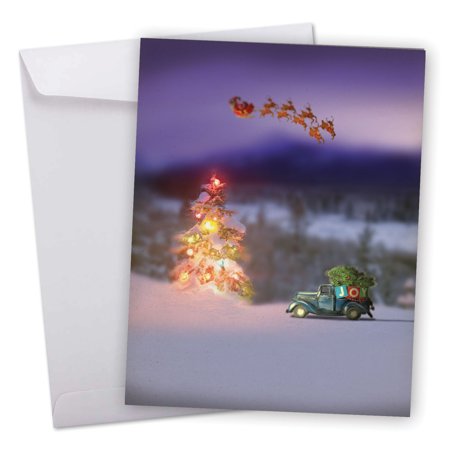 J6689CXSG Big Merry Christmas Greeting Card: 'Toy Trucks 'N Trees' Featuring a Christmas Scene with Mini Vintage Cars and Santa's Sleigh Greeting Card with Envelope by The Best Card (Best Deals On Toys For Christmas)