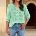 thumbnail image 3 of TRUBKH Cotton Linen Shirts Lace Trim Top Boho Tops Breathable Embroidered Gauze Peasant Tunic Blouse Short Sleeve V Ncek Boho Peasant Shirts Button Down Floral Shirts Floral Embroidered Green 2XL, 3 of 7