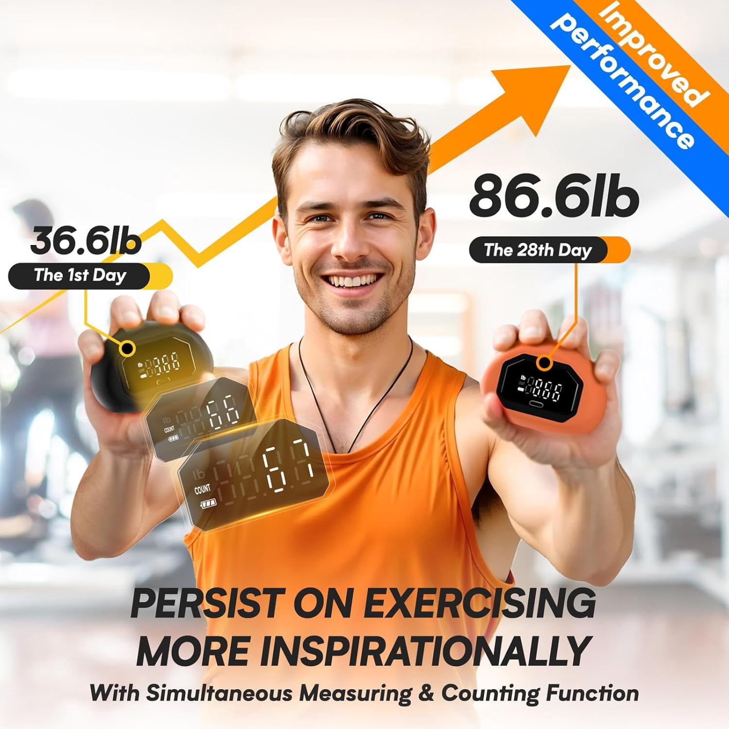 Hand Grip Strength Tester Trainer -Rechargeable Mini Hand Strength Dynamometer for Hand and Finger Workouts with Finger Exerciser Stretcher and Black Orange 2 Pack