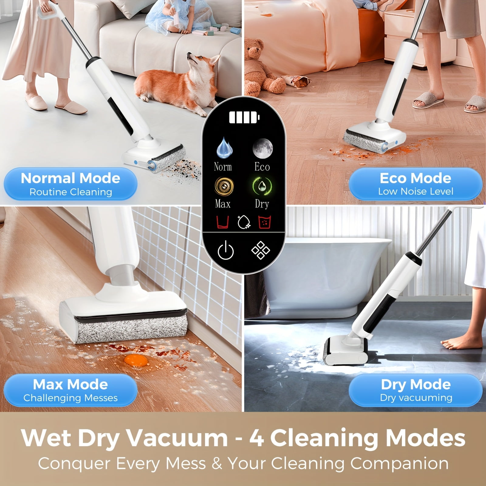 Cordless Wet Dry Vacuum Mop - 17KPa Stick Vacuum for Hard Floors, Pet Hair, Sticky Messes, Hardwood Tile Linoleum with Charging Dock, 110V for Home Office Carpet Cleaning
