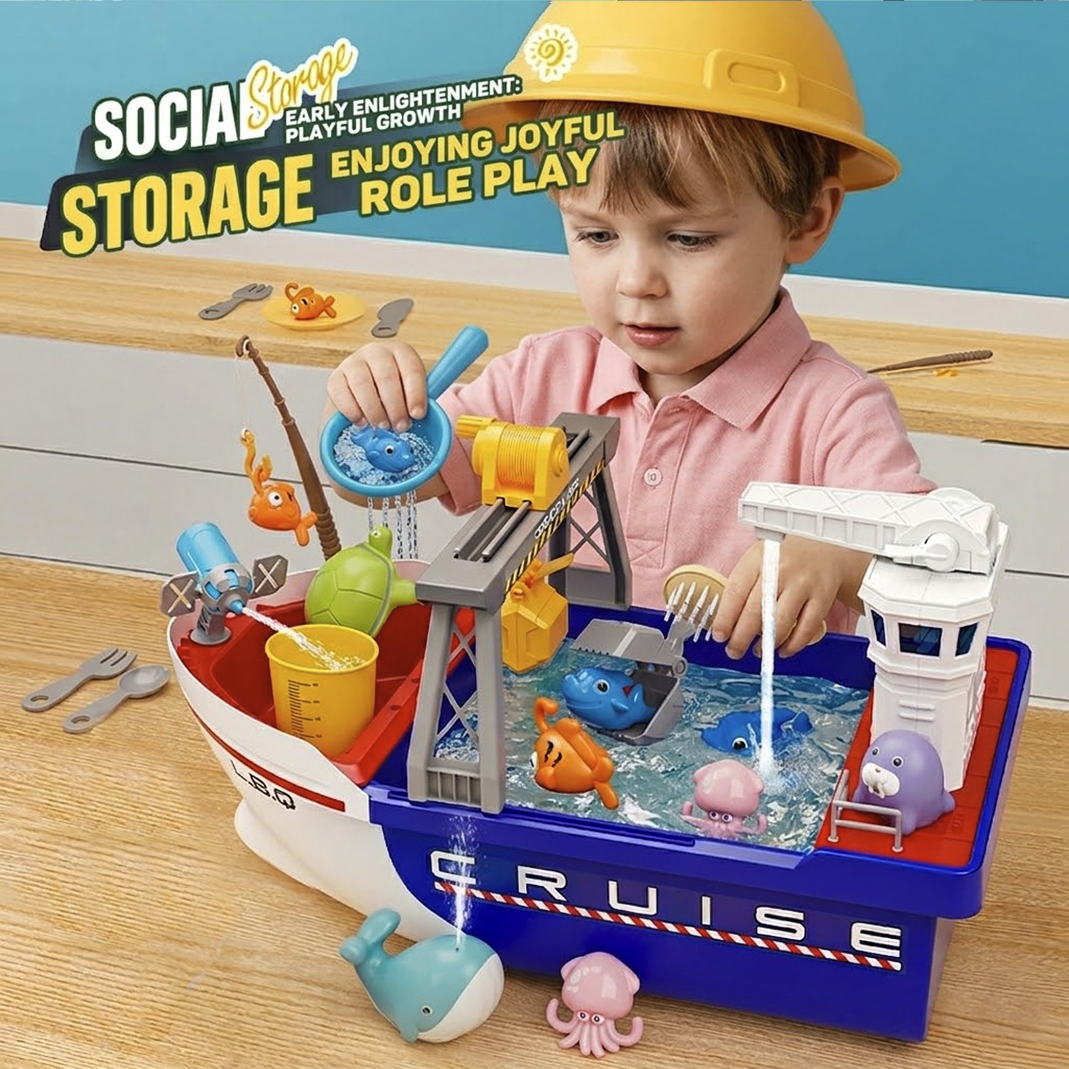 3-in-1 Water Cruise Ship Fishing Toy Set with Crane Rods Marine Animals