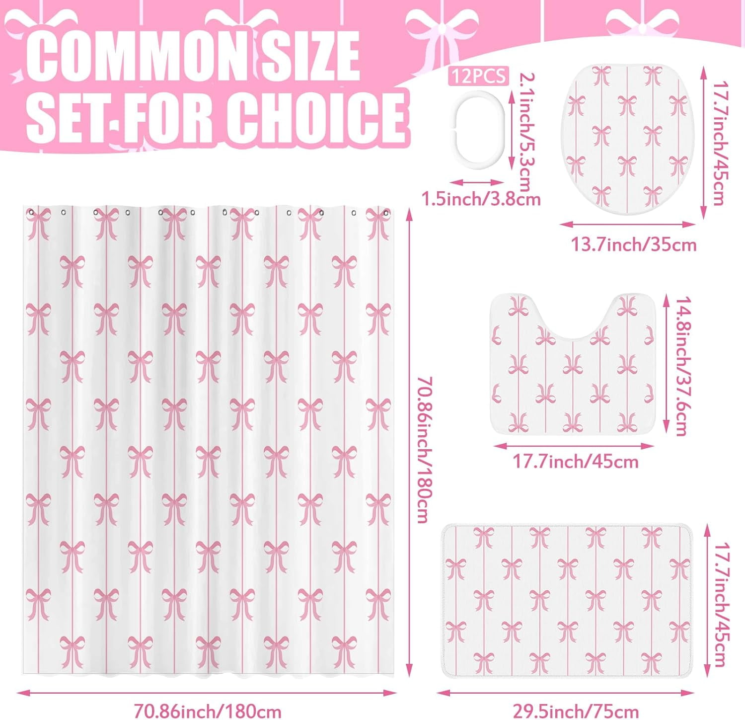 Pink Bow Knot Shower Curtain Set 4 Pcs Coquette Bow Bathroom Decor Set with Rugs Romantic Pink Aesthetic Bathroom Curtain with 12 Hooks for Women