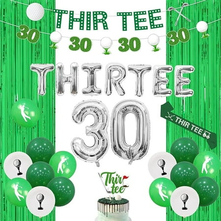 Golf 30th Birthday Party Decorations, Thir Tee Golf 30th Birthday Banner Garland Cake Topper Sash Green Foil Curtain Backdrop Thir Tee Golf Themed Foil Balloon for Sports Themed Birthday Supplies