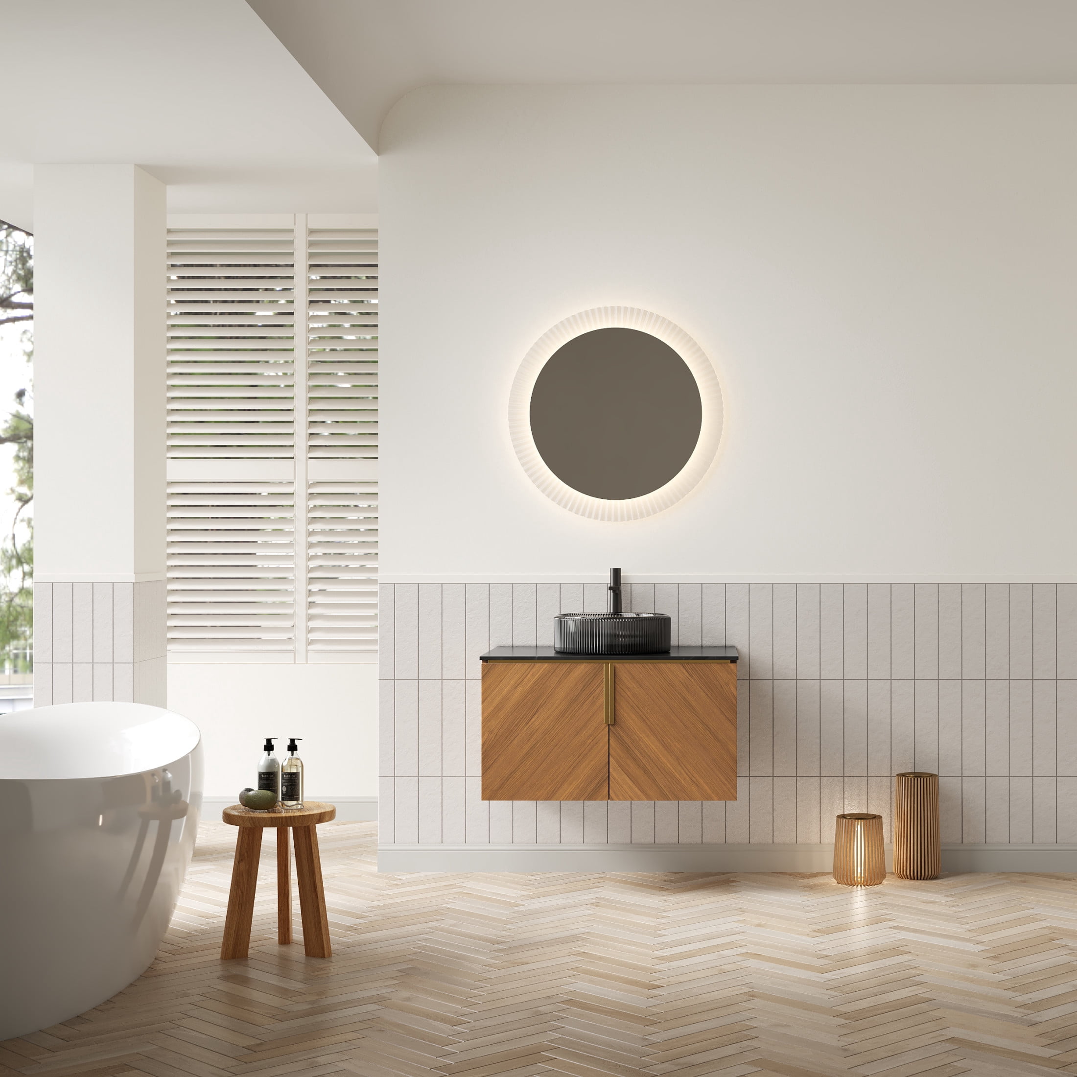 Noble House ARAI 30" Floating Plywood Bathroom Vanity, Sintered Stone Top Cabinet with Black Glass Round Vessel Sink, Oak