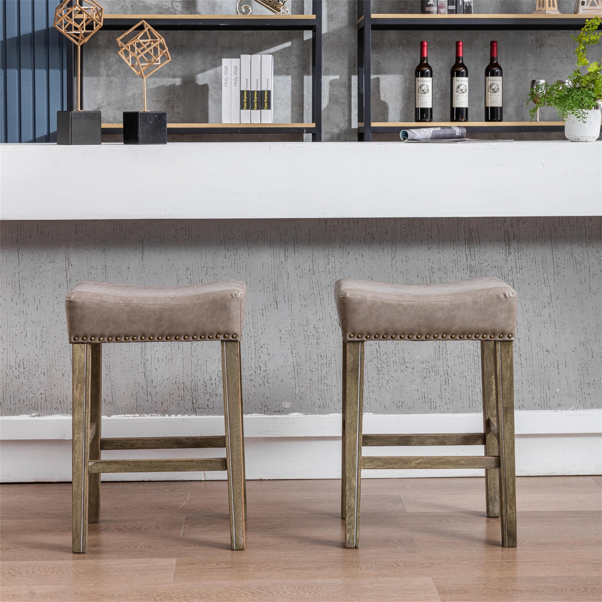 Yardi Yard Leather Backless 26" Bar Stools Set of 2 , Saddle Seat Pub Chair for Kitchen Dining Room, Gray