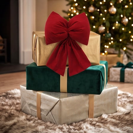 Christmas Tree Topper Bow Full Shaped Large Decorative Padded Fabric Ornament for Xmas Tree Front Door Wall Window Farmhouse Holiday Indoor Home Decor Accessory