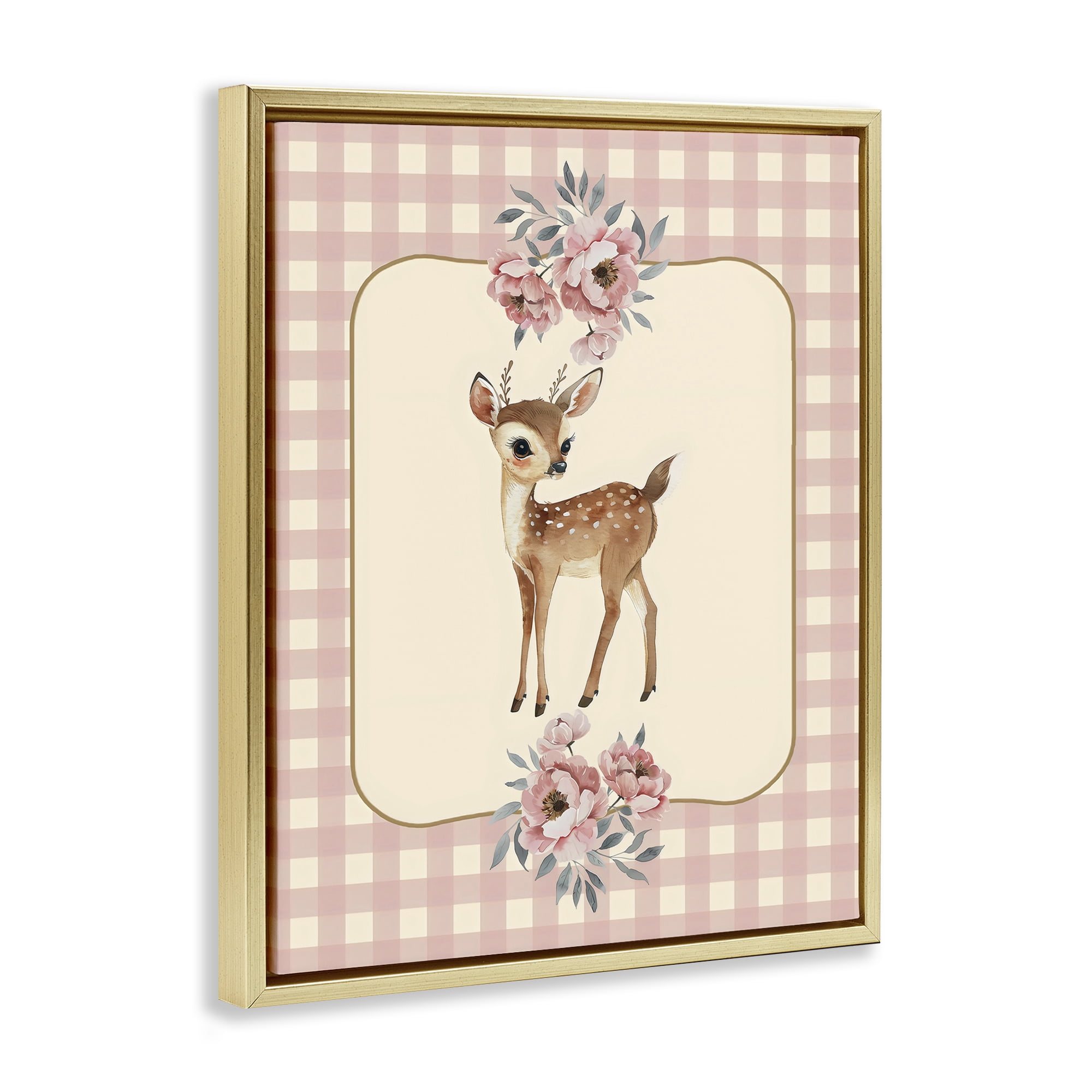 Stupell Industries Baby Deer Pink Gingham Gold Framed Floater Canvas Wall Art, design by LSR Design Studio