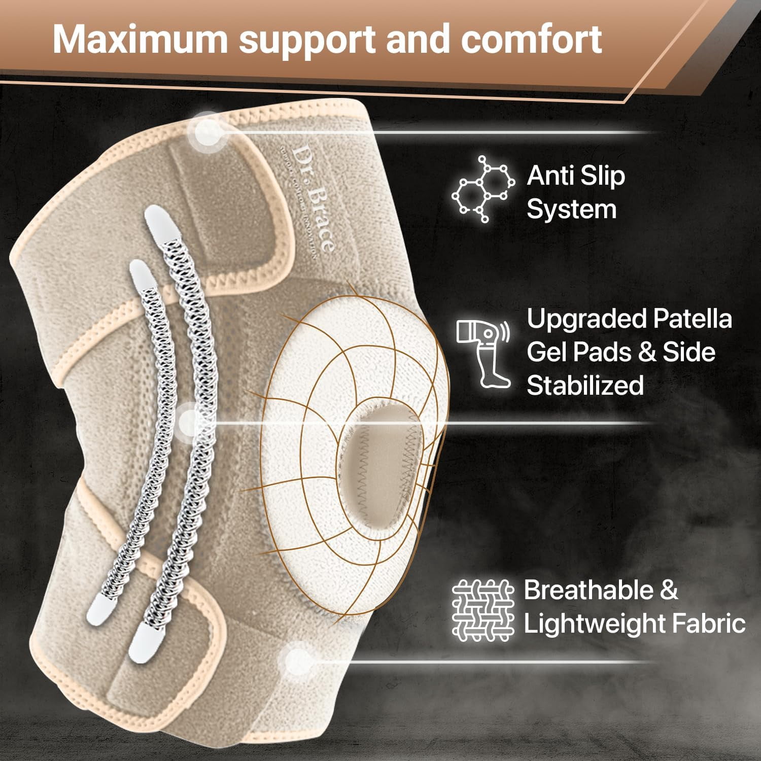 DR. BRACE Compression Knee Brace with Side Stabilizers & Patella Gel Pads, Knee Support for Knee Pain, Running & Sports, Men & Women (Sandstone, Large)