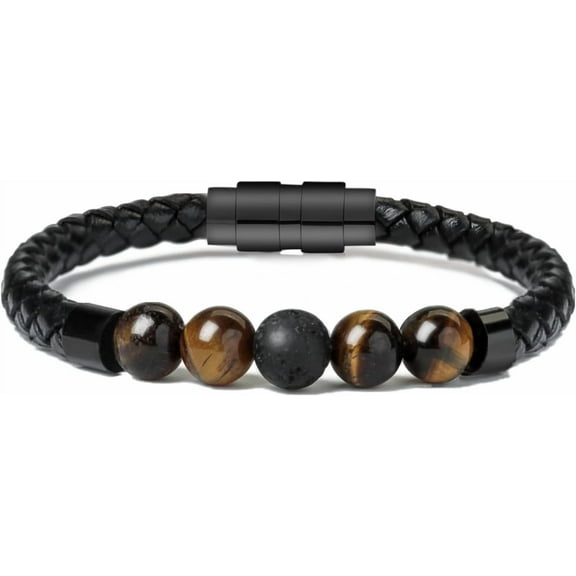 Cremation Jewelry for Ashes -Leather Urn Bracelet with Lava Tiger's Eye Stone Beads Memorial Bracelets & Bangles for Men Women Keepsake Gifts