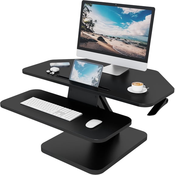 Corner Standing Desk Converter, Height Adjustable Sit Stand Desk Riser Workstation, Ergonomic Monitor Display Holder With Retractable Keyboard Tray, Modern Tabletop Office Desk, Black, 1 Pack