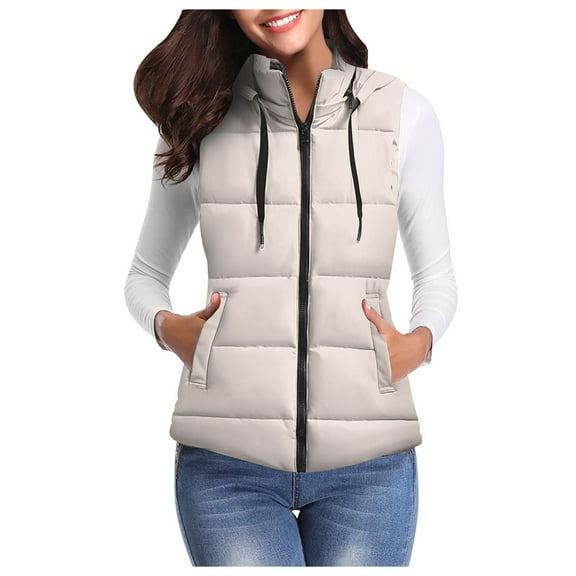 Jiyugala Women's Overcoat Warm Vest Outerwear Thick Padded Sleeveless Casual Vest With Detachable Hood