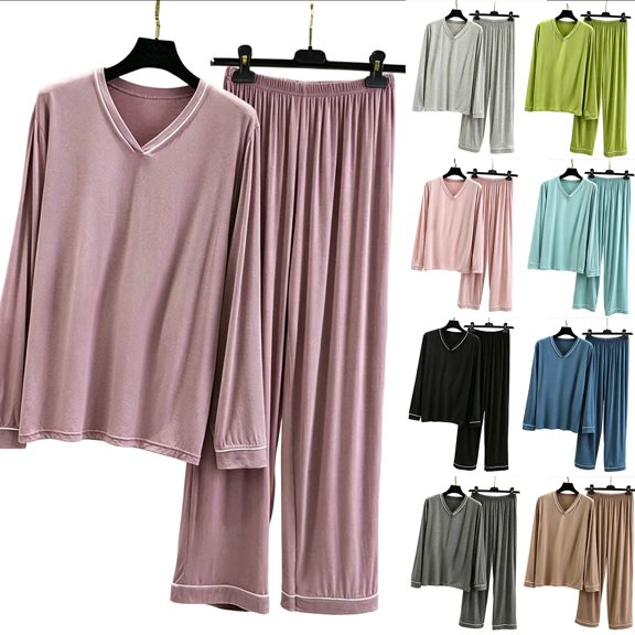 Women's V-Neck Loungewear Two Piece Set Loose Long Sleeve Top and Straight Leg Full Length Pants Soft Breathable Casual Pajama Set Purple