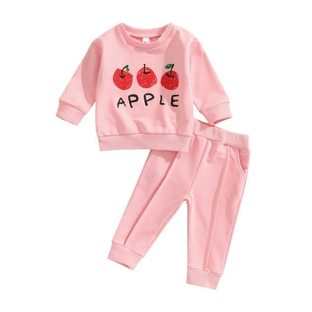 

Musuos Infant Baby Girls 2 Pieces Outfits Letter Animal Head/Apple Print Round Neck Long Sleeve Tops + Elastic Waist Long Pants Set
