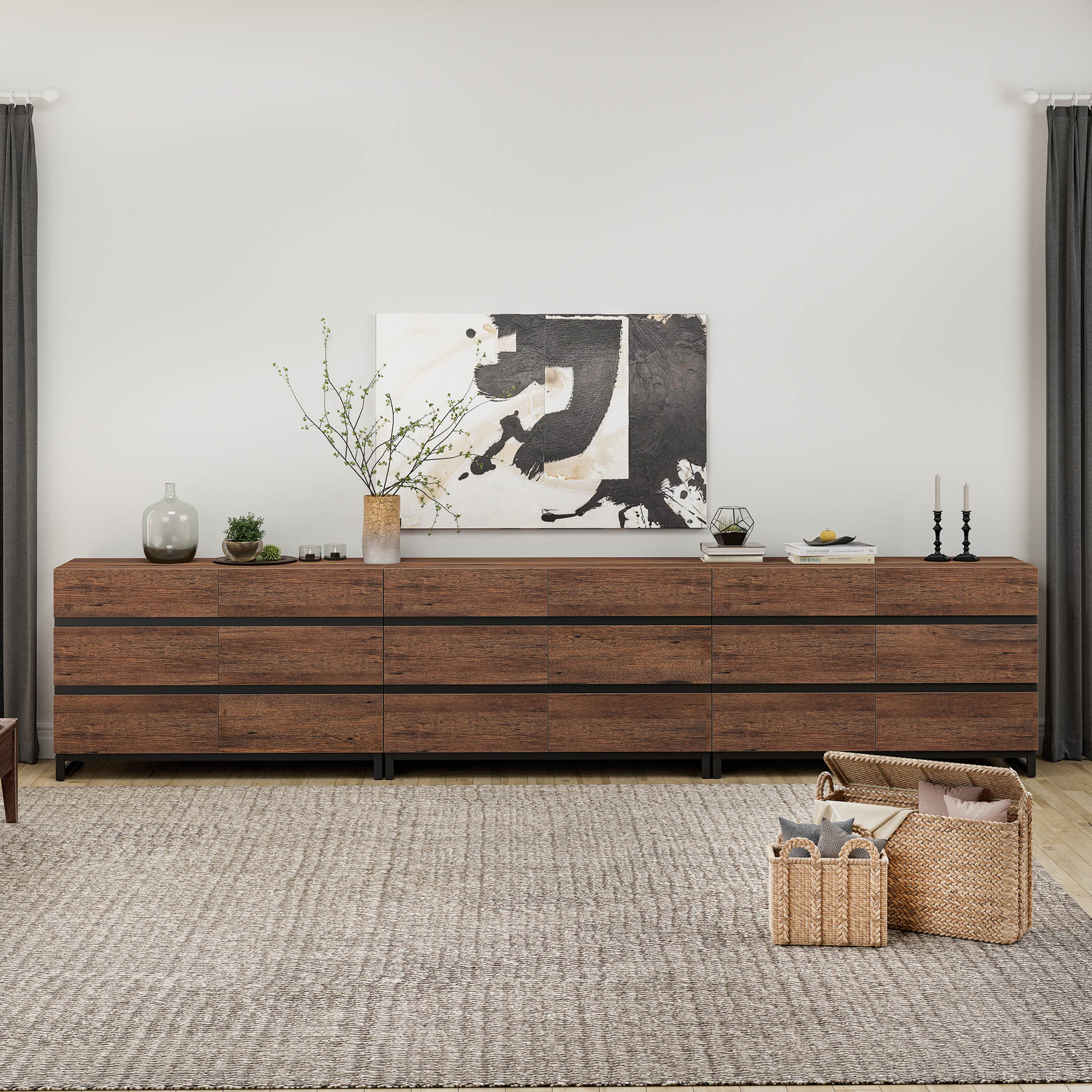 WAMPAT 18-Drawer Modern Chest of Drawers, Wooden Dresser with Concealed Handles & Metal Base, Closet Organizer for Bedroom, Living Room,Brown