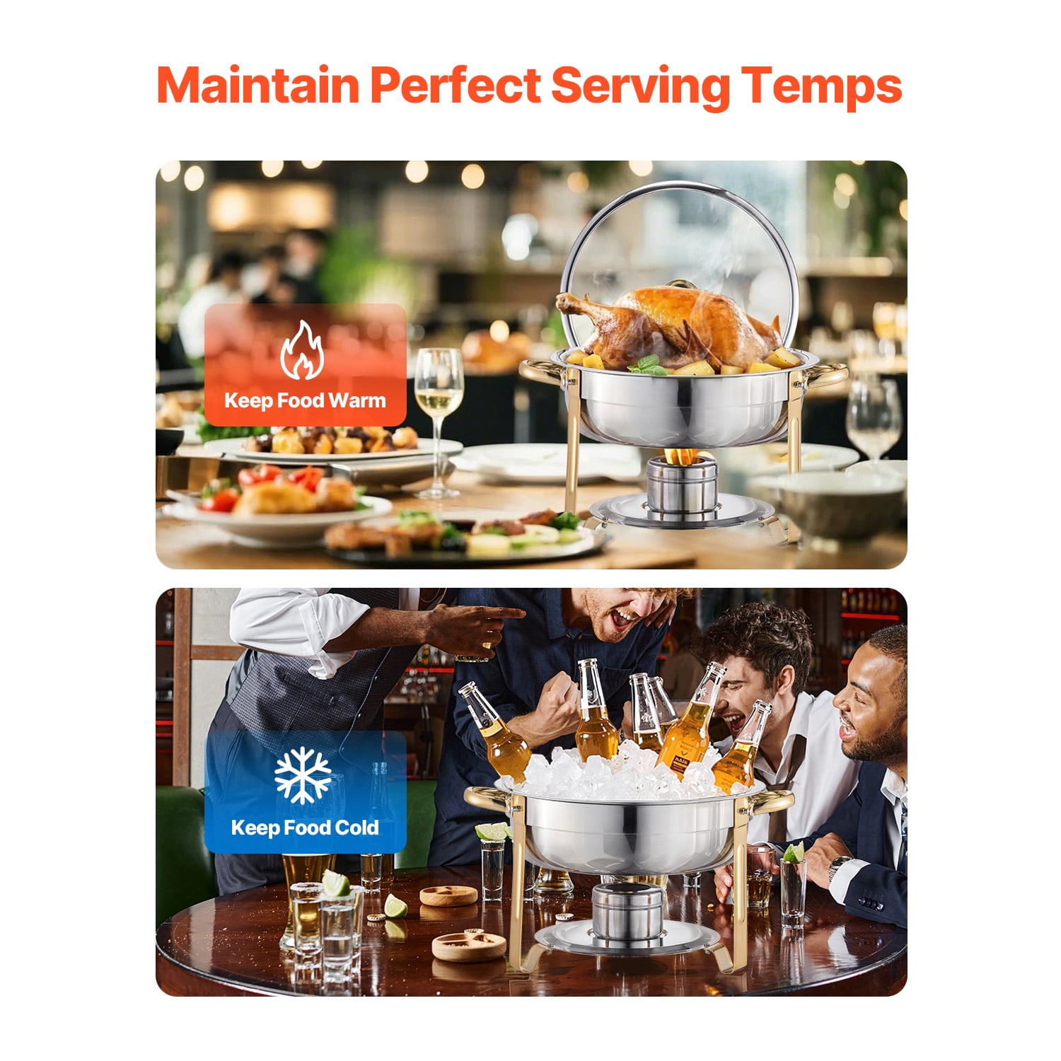 KFFKFF Dual Pack Buffet Service Set, 5 Qt Capacity, Constructed from Stainless Steel, Includes 4 Full-Size Pans, Round Food Heater with Glass Lid, Water Tray, Foldable Stand and Fuel Holder