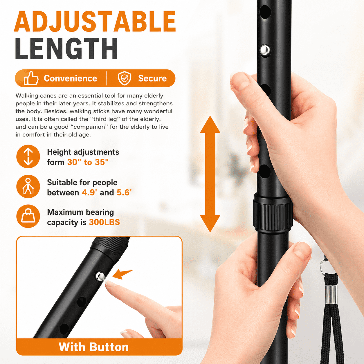 MoonSun Foldable Walking Cane for Seniors, Adjustable Aluminum Walking Cane with Quad Base, LED Light, Wrist Strap, Portable Folding Cane for Men & Women