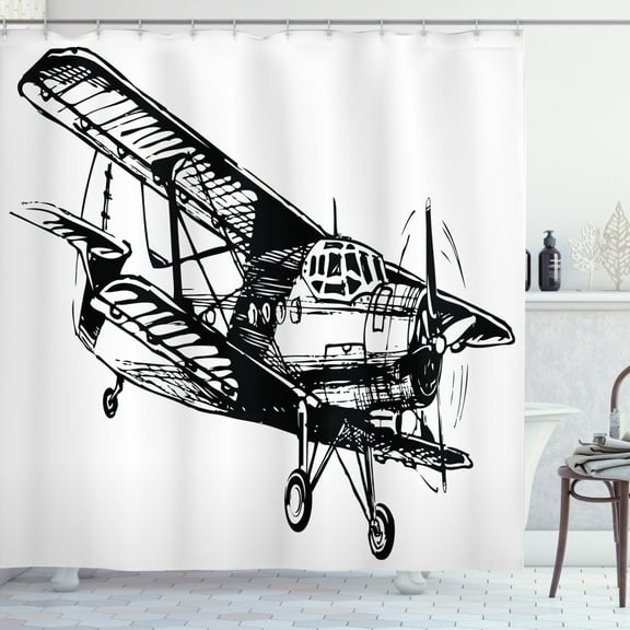 Ambesonne Vintage Airplane Shower Curtain, Sketch Art, 69"Wx70"L, Black and White