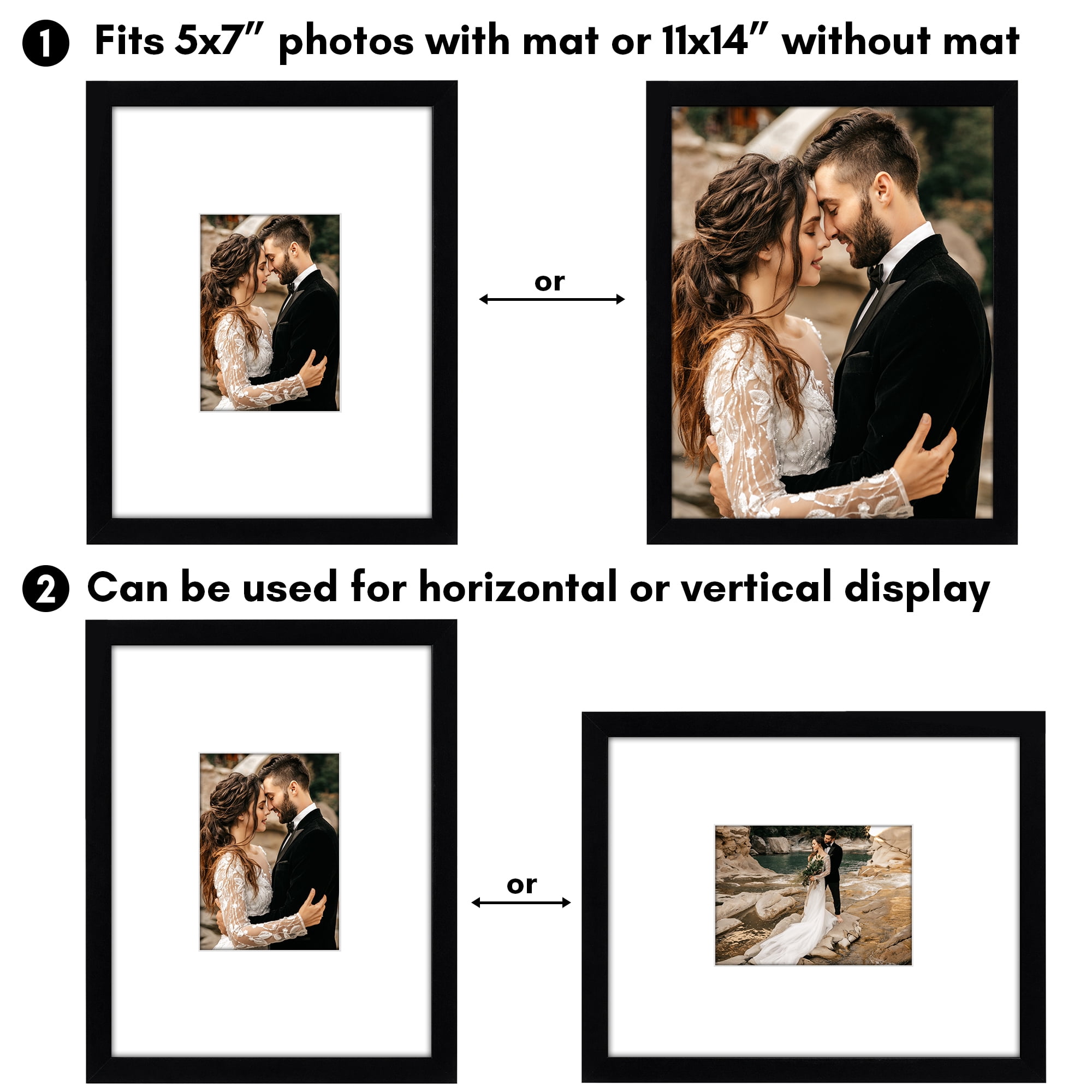 Americanflat 11x14 Picture Frame with Shatter-Resistant Glass with 5x7 Mat Display Photo Signature - Black