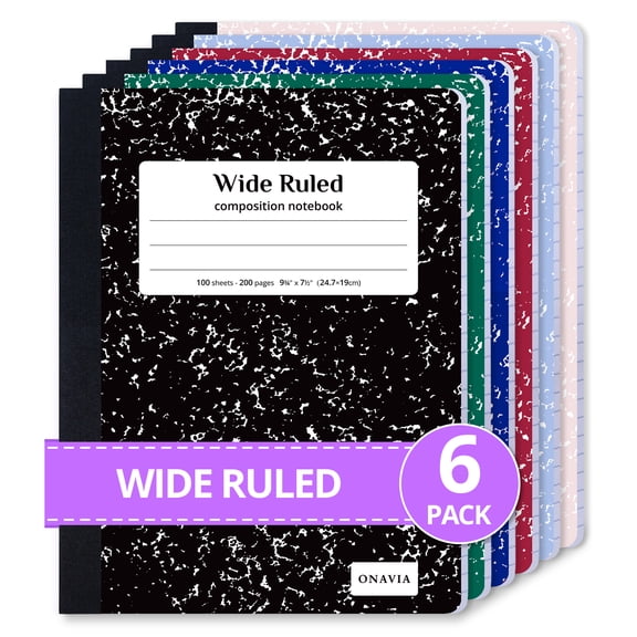 ONAVIA Composition Notebook Wide Ruled, 6 Pack, 9.75" x 7.5", 200 Pages/100 Sheets, Marble Composition Books Bulk, Hard Cover, Assorted Colors