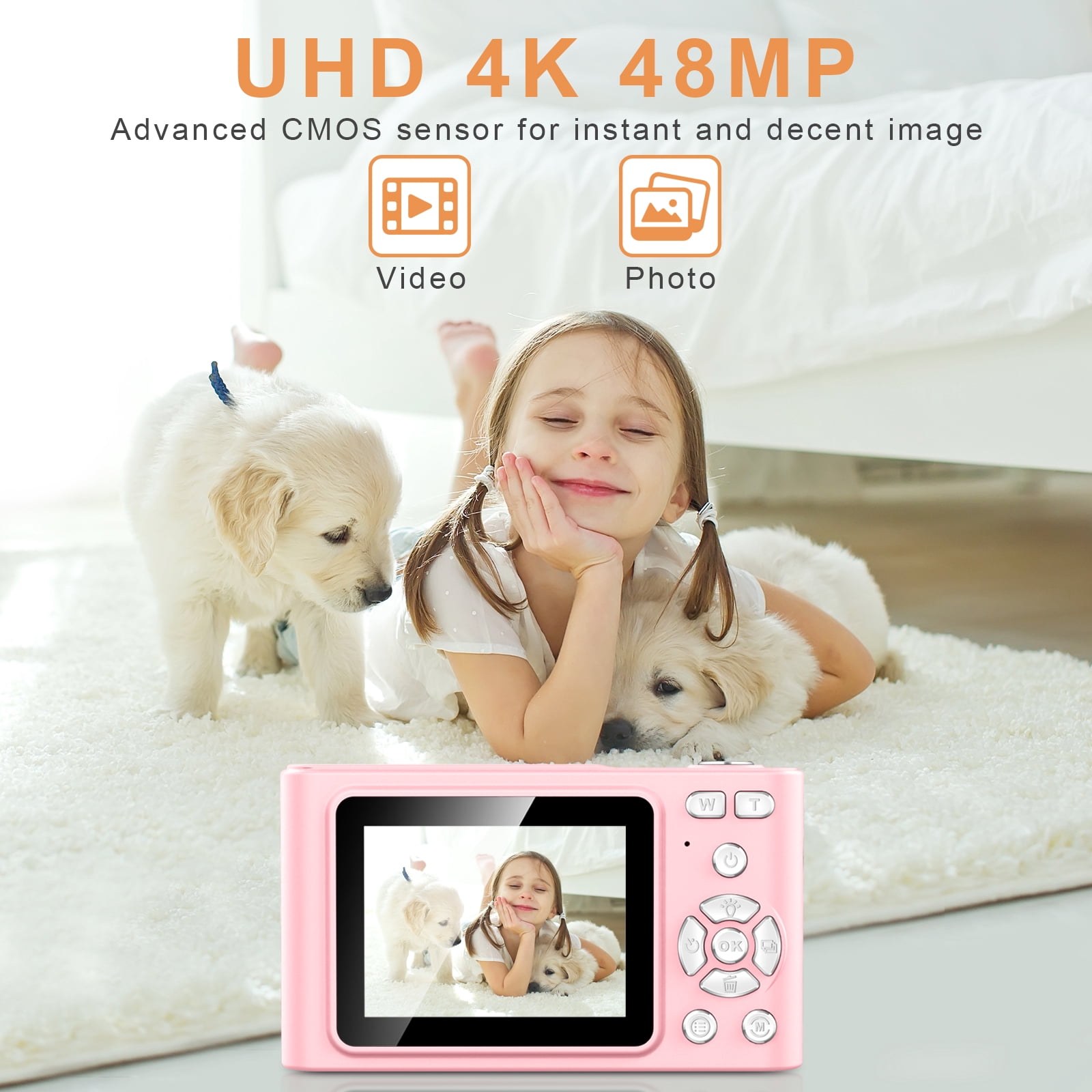 Digital Camera, Camera for Kids, UHD 4K 48MP Point and Shoot Digital Cameras with 64GB SD Card and 16X Digital Zoom Anti Shake, Compact Portable Small Gift for Boys Girls Students, Pink