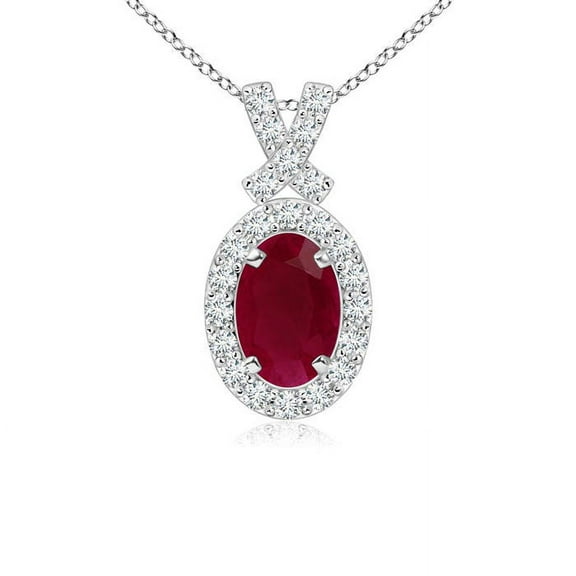 ANGARA Natural Vintage Style Ruby Pendant with Diamond Halo in 14K White Gold for Women (Size-6x4mm) | July Birthstone, Birthday, Anniversary, Jewelry Gift for Women | Natural Ruby Necklace