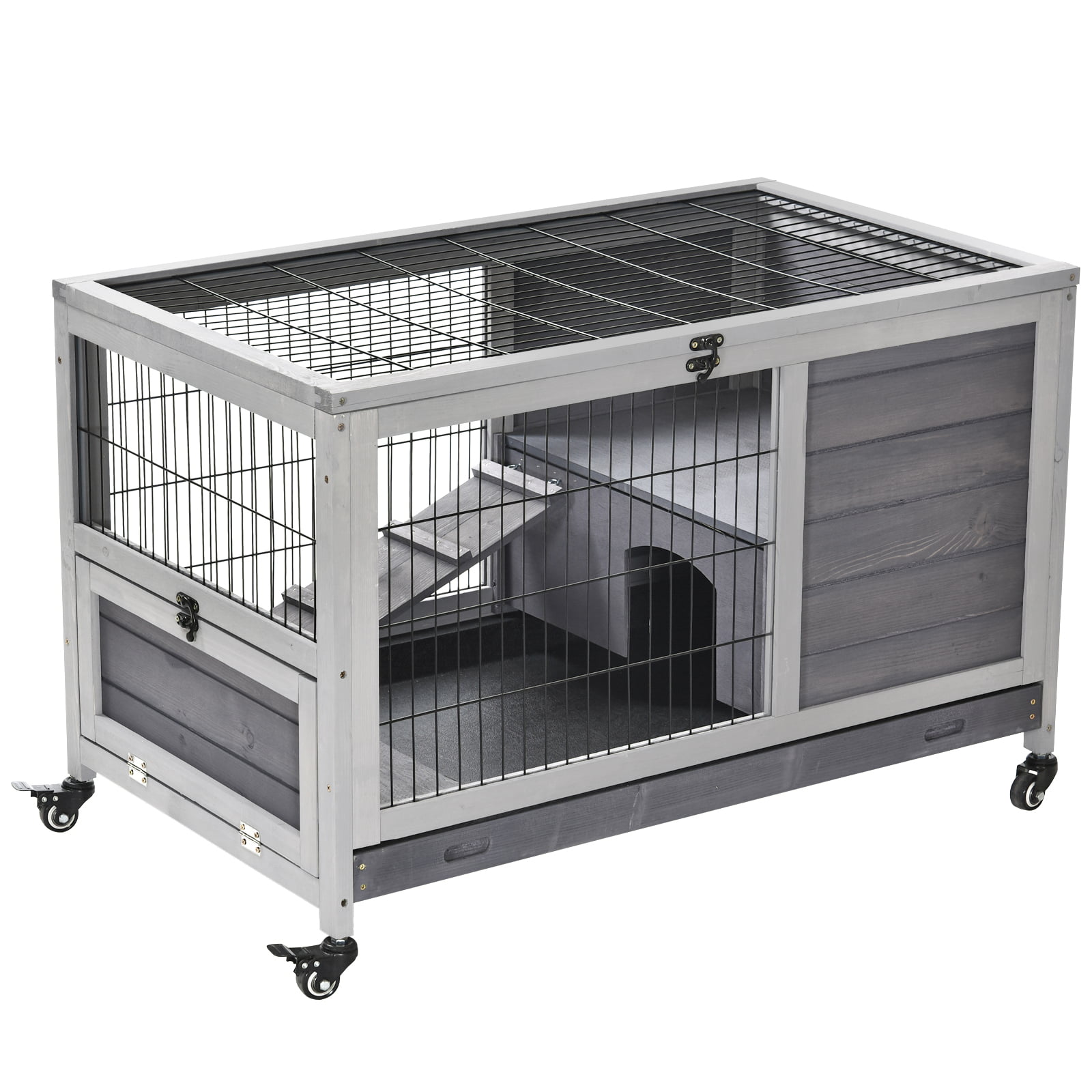 Pawhut Wooden Indoor Rabbit Hutch Elevated Cage Habitat with Enclosed Run with Wheels, Ideal for Rabbits and Guinea Pigs