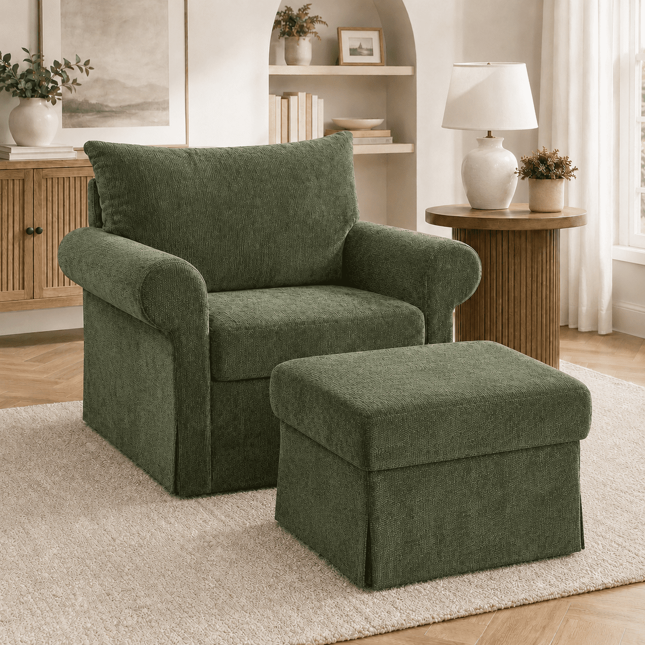 Aukfa 37.5" Oversized Chenille Accent Chair with Ottoman, Upholstered Armchair with Footrest for Living Room,Green