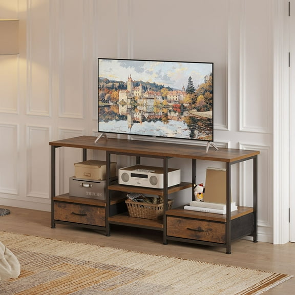 Gianna 47" TV Stand for 65" TVs, Media Console with Built-In USB, Type-C & AC Charging Station, Entertainment Center with Storage Shelves and Fabric Drawers, Rustic Brown