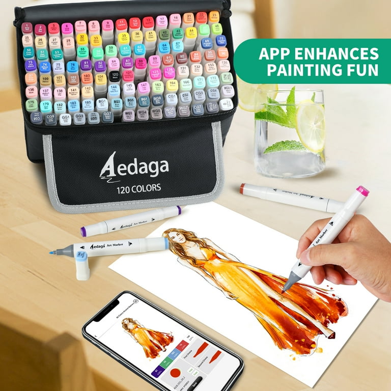AEDAGA 120 Colors Alcohol Markers Set, Dual Tip, Free App