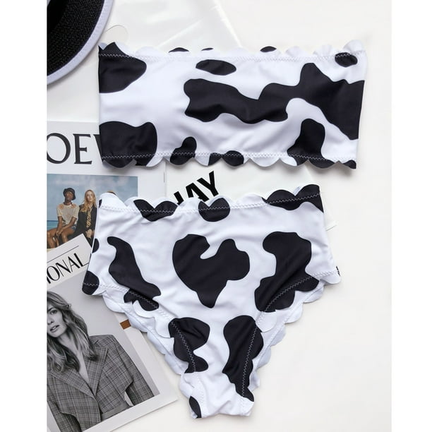 Women's Cow Print Bikini Swimsuits Two Piece High Cut Bandeau