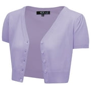 YEMAK Women's Short Sleeve Cropped Bolero Button Down Cardigan Sweater HB2137-LIL-L