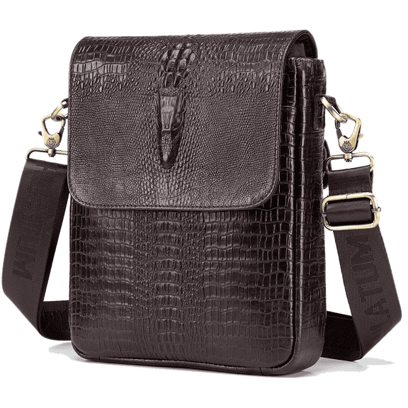 SCHLATUM Leather Messenger Bag for Men Medium Crocodile Embossed Mens Handbag Crossbody Shoulder Bag Messenger Man Purse, Coffee