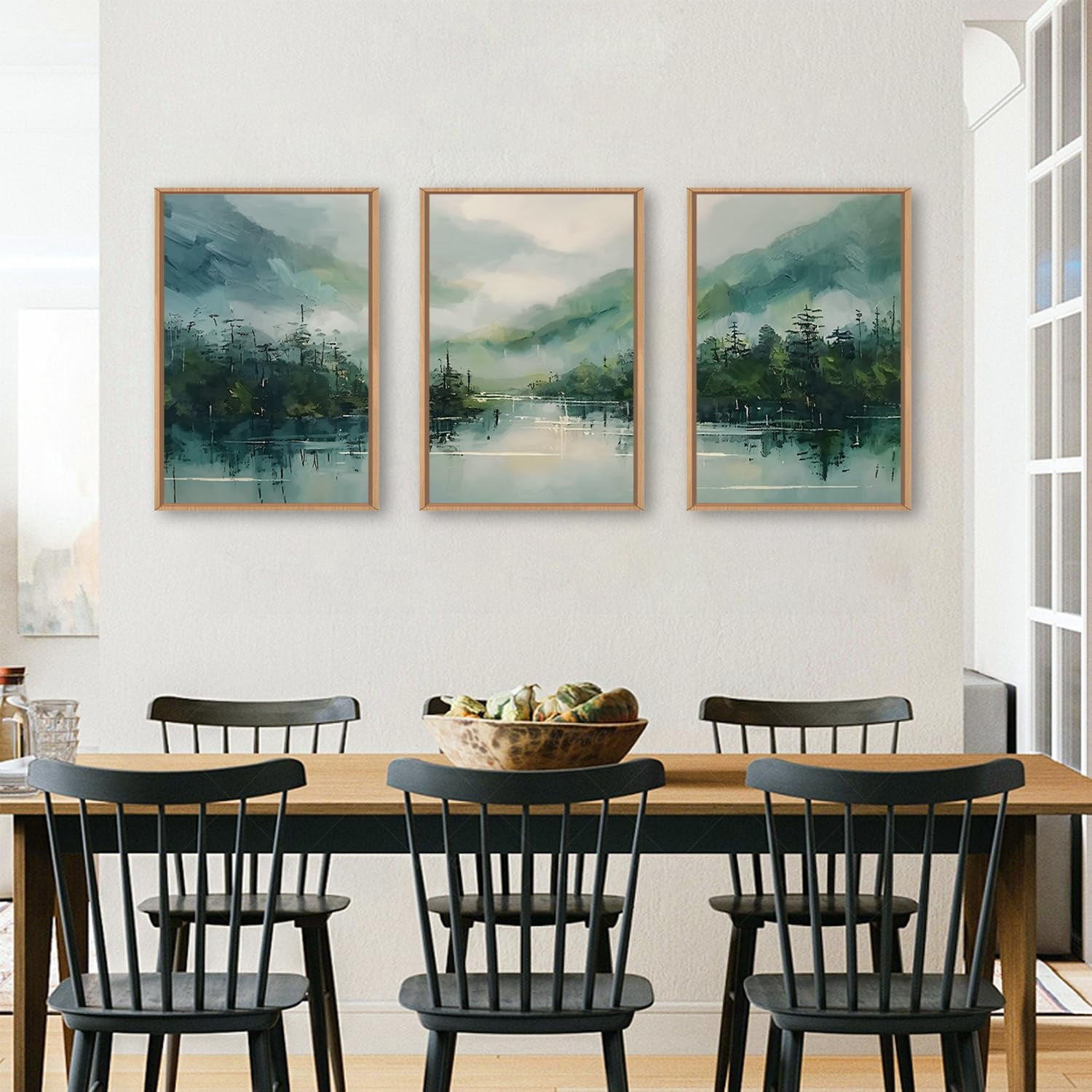 Large Geen Forest Mountain Framed Canves Wall Art Set,Misty Watercolor Artwork,Abstract Modern Nature Pine Tree Landscape Painting for Living Room,Bedroom,Office-16''x24''x3
