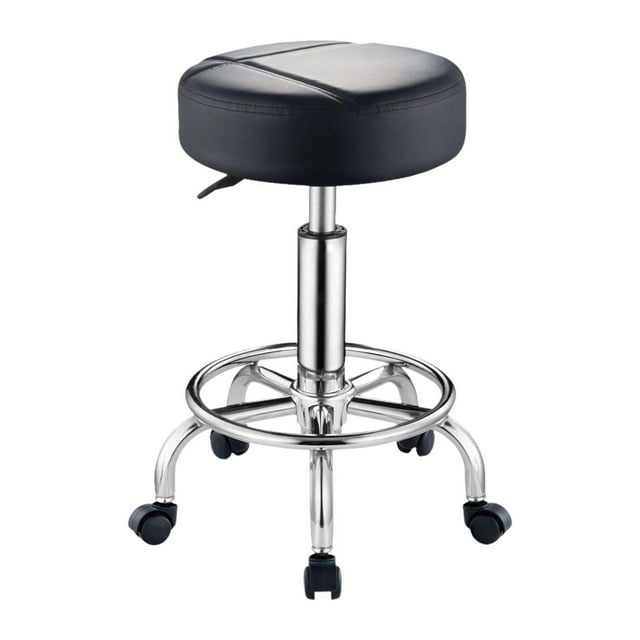 Lipstore PU Leather Round Rolling Stool SPA Stool with Wheels with Footrest Rolling Salon Stool for Kitchen Island Drafting Salon Work Black