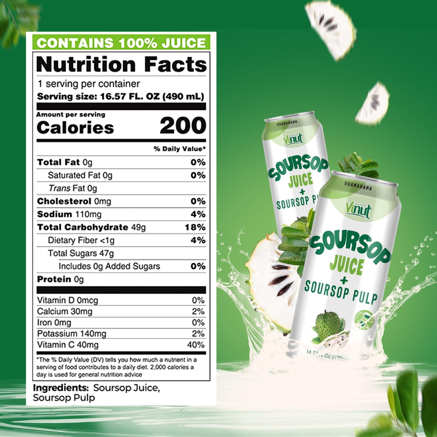 Vinut 100% Soursop Juice With Pulp (16.57 fl oz, Pack 12), No Sugar Added, Real Guanabana Soursop Graviola Drink, Fresh, Natural, Not from Concentrate (NFC)