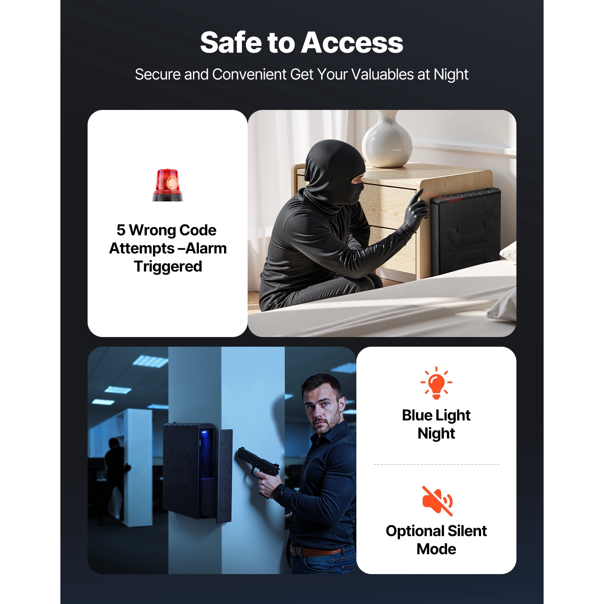 KFFKFF Handgun Safe with Fingerprint, Password, and Key Access, Quick-Access Firearm Storage Box with Interior Lighting for One Pistol and Magazine, Secure Mountable Case for Nightstand, Desk