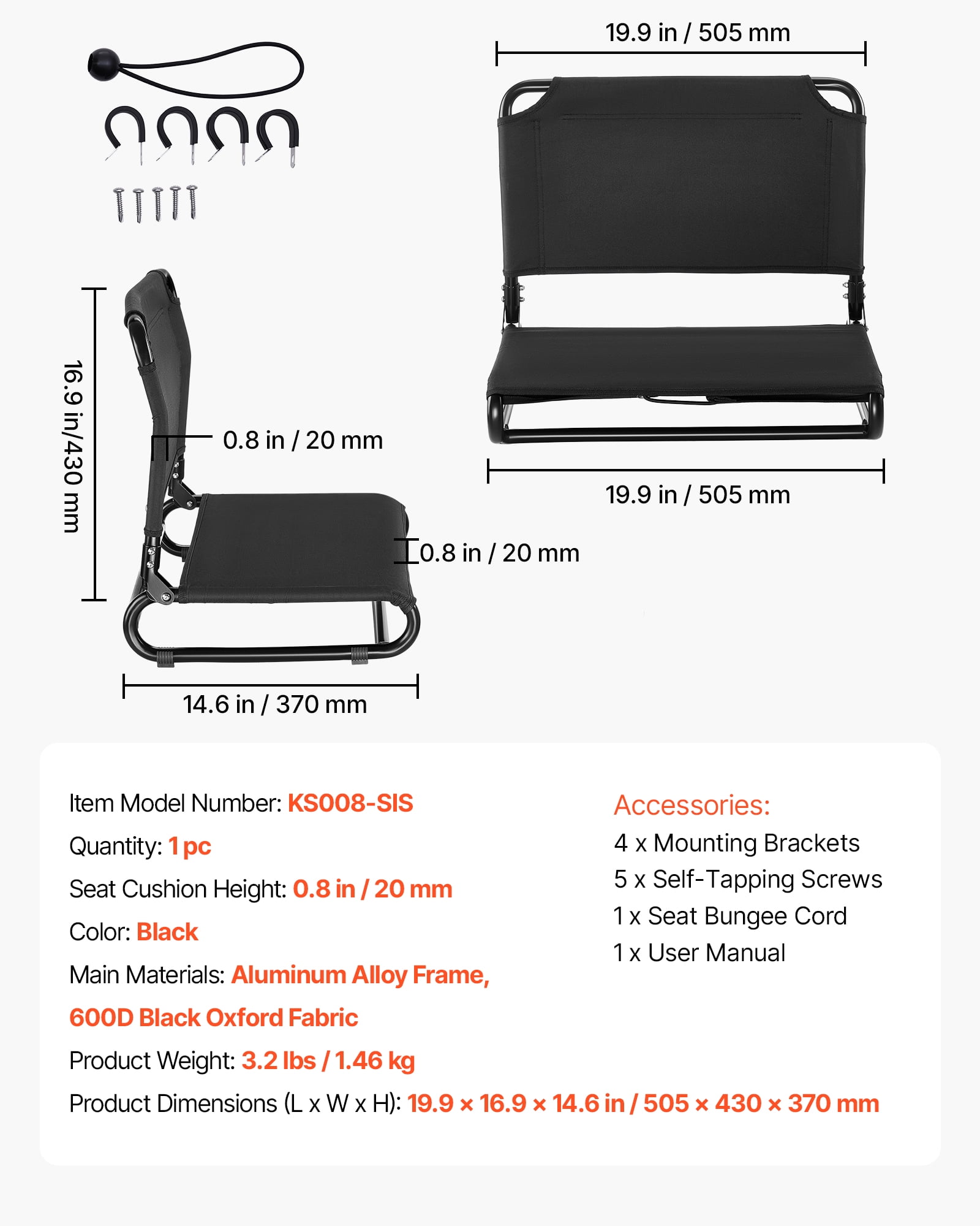 VEVOR Kayak Seat, 1 Pack 0.8" Raised Height, Foldable Seat with Back Support, Replacement Upgrade for Tamarack, Tahoma, Tioga, Spitfire, Kenai & Daylite, Sit-on-Top/Fishing/Inflatable Kayak & Rowboat