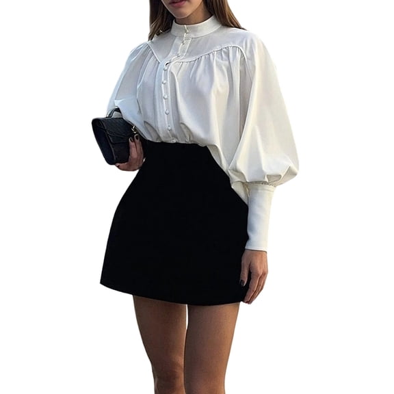 Women Victorian Blouse High Collar Ruffled Shirt Tops White M